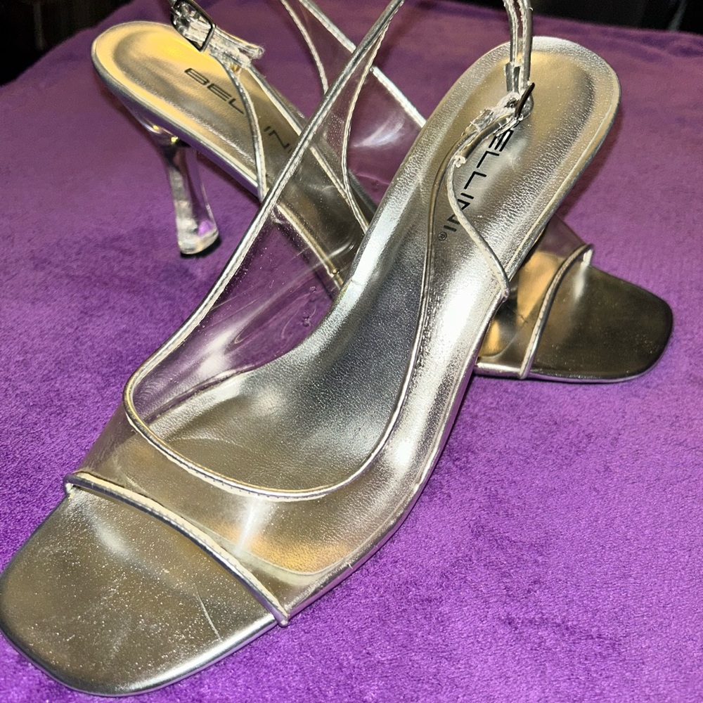Bellini Metallic Silver Clear Strap Slingback Heels